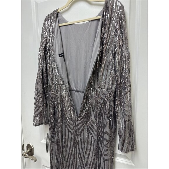 Adrianna Papell Size 12 Stone Gray Sequin Gown Long Sleeve Cocktail, Formal Maxi - Picture 9 of 12